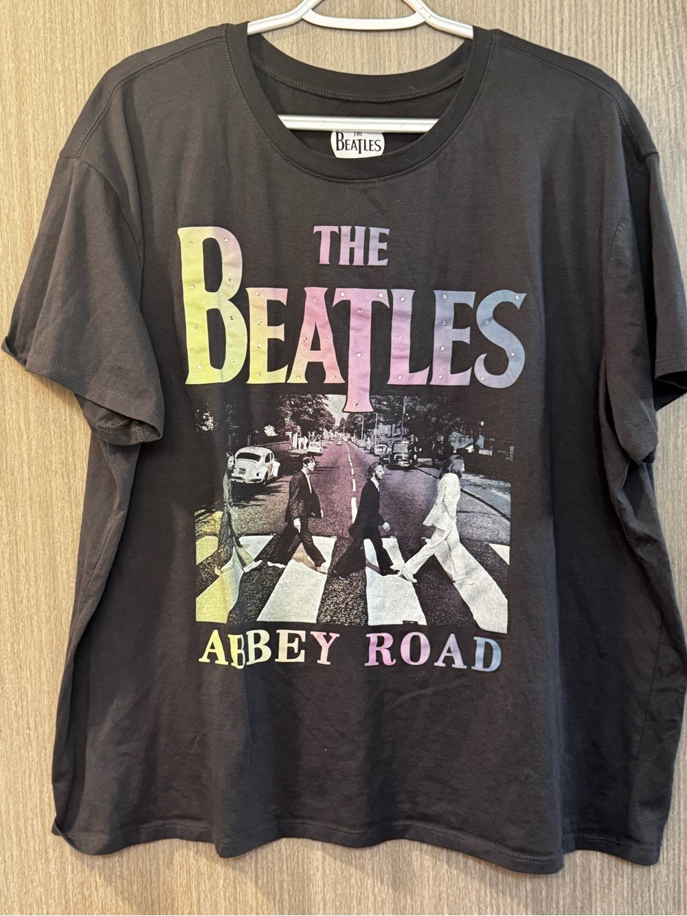 The Beatles Black Tee with Pastel Yellow-Pink-Blue Gradient Logo